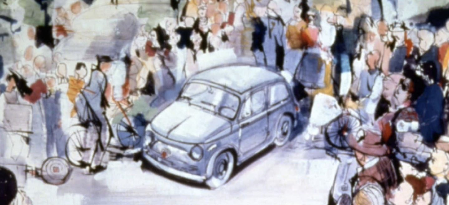 Display A stylized painting of a vintage Fiat vehicle with a crowd of people surrounding it.