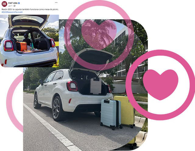 Dos versiones de un Fiat 500X Sport 2022 con su puerta trasera abierta y una variedad de equipaje dentro y fuera del área de carga. Un emoji de un corazón.