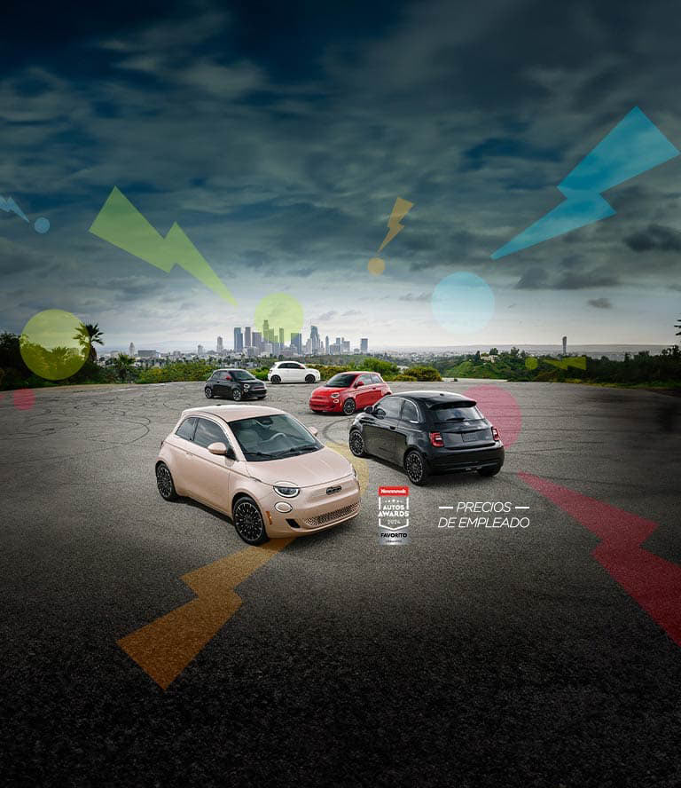 Cinco modelos Fiat 500e dispersos en un estacionamiento, con la silueta de una ciudad de fondo. Comenzando por el vehículo más atrás y siguiendo en el sentido de las agujas del reloj: un Fiat 500e Inspired 2024 en blanco, un Fiat 500e Inspired 2024 en rojo, un Fiat 500e Icona 2025 en rojo, un Fiat 500e Icona 2025 en oro rosa y un Fiat 500e Inspired 2024 en negro. Ganador de los premios Newsweek Auto 2024 como favorito de citadinos. Programa de precios Freedom of Choice.